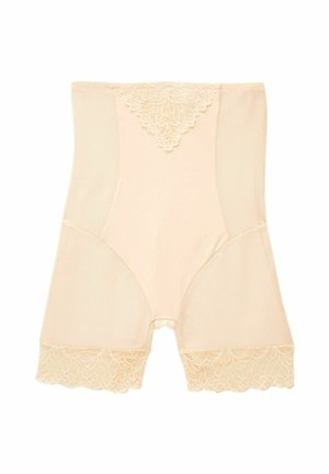 Beige Formwäsche mit einer Spitzenkante an der Taille und an den Beinen, die über eine glatte Textur und ein enganliegendes Design für eine schlanke Silhouette verfügt.