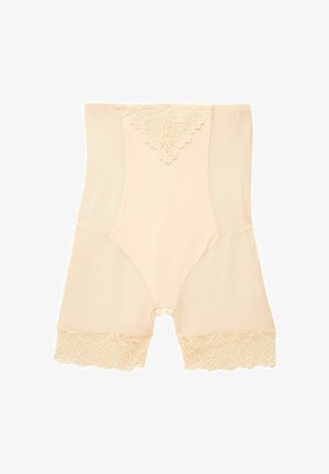 Beige shapewear with lace trim at the waist and legs, featuring a smooth texture and a fitted design for a streamlined silhouette.