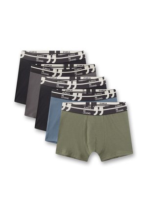 Five men's boxer briefs in black, dark gray, blue, and olive green with black waistbands reading "ALWAYS BE LEGEND."