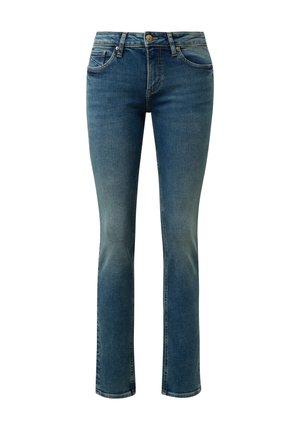 Blaue Jeans aus Denim mit geradem Bein, ausgestattet mit Vordertaschen, einem Reißverschluss und dezentem Verblassen, die einen klassischen und vielseitigen Look bieten.