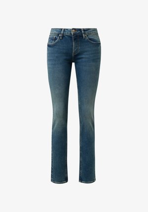 Blaue Jeans aus Denim mit geradem Bein, ausgestattet mit Vordertaschen, einem Reißverschluss und dezentem Verblassen, die einen klassischen und vielseitigen Look bieten.