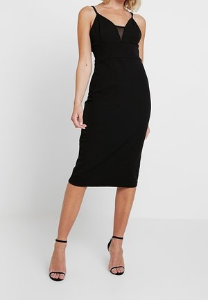 Robe midi noire à silhouette ajustée, bretelles spaghetti et empiècements en mesh sur le corsage. Texture lisse, longueur jusqu'aux chevilles, design simple.