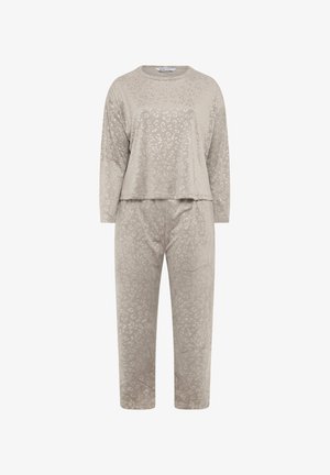 Beige sæt bestående af langærmet top og bukser med subtil leopardmønster, lavet af blød velour-lignende stof.