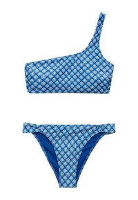 Modri vzorasti bikini z enostranskim zgornjim delom in ujemajočim se spodnjim delom z nizkim pasom. Material ima gladko teksturo z diamantom v vzorcu.