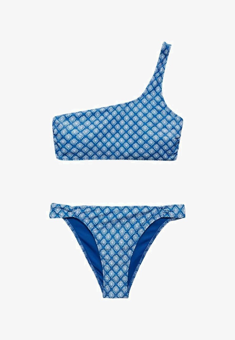 Modri vzorasti bikini z enostranskim zgornjim delom in ujemajočim se spodnjim delom z nizkim pasom. Material ima gladko teksturo z diamantom v vzorcu.