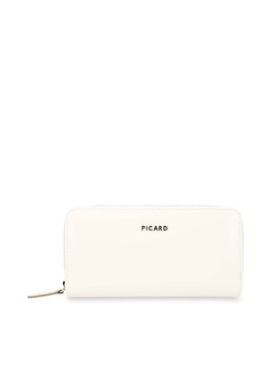 White rectangular wallet with a zipper and the brand name Picard in black letters on the front center.
