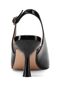 Scarpa con tacco alto in vernice nera, punta a punta e design slingback. Presenta un tacco stretto e lucido e una fodera interna liscia.