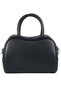 Borsa a mano nera in pelle con forma arrotondata, texture liscia, doppi manici e chiusura con zip, caratterizzata da sottili accenti cuciti.
