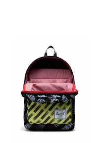 Sac à dos noir avec des motifs graphiques blancs et jaunes. Intérieur rouge avec doublure rayée. La poche avant comporte une étiquette logo. Poignées solides.