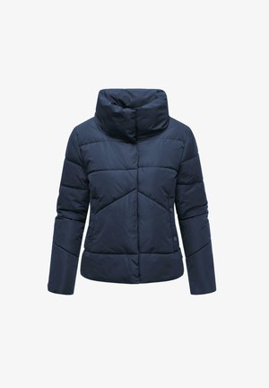 Giacca piumino blu navy con colletto alto, cuciture diagonali e dettagli con bottoni a pressione. Tessuto liscio; forma leggermente aderente.