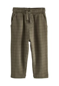 Pantaloni jogger in misto cotone di colore verde oliva con motivo a quadri, dotati di vita elastica, coulisse e tasche laterali.