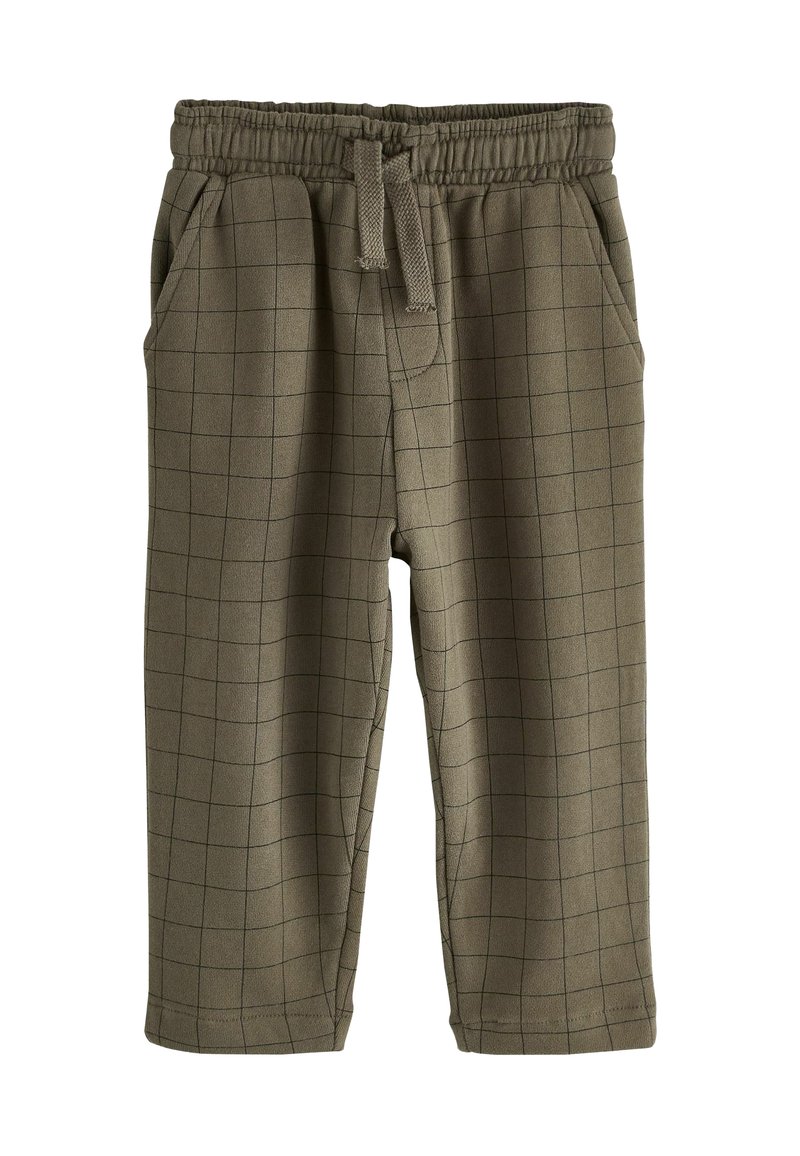 Pantaloni jogger in misto cotone di colore verde oliva con motivo a quadri, dotati di vita elastica, coulisse e tasche laterali.