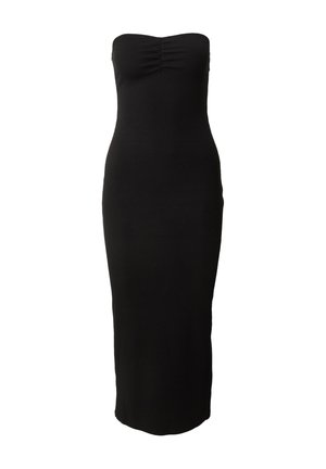 Zwarte, strapless, getailleerde maxi-jurk met een geribbelde textuur en geplooide details bij de buste, met een rechte zoom.