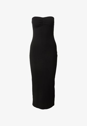 Zwarte, strapless, getailleerde maxi-jurk met een geribbelde textuur en geplooide details bij de buste, met een rechte zoom.