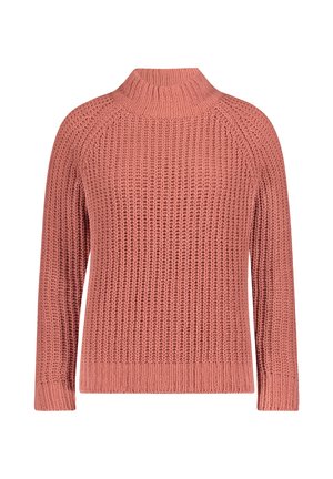 Chunky knit sweater in dusty rose with a high mock neck and long sleeves, featuring a textured vertical rib pattern.