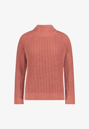 Chunky gebreide trui in stofroze met een hoge opstaande kraag en lange mouwen, met een gestructureerd verticaal ribpatroon.