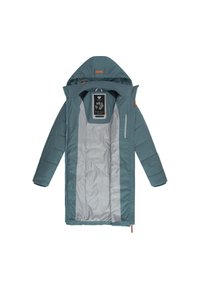 Türkiz puffert dzseki kapucnival, elöl cipzárral és szürke béléssel. Jellemzői közé tartozik a belső címke és a kontrasztos, texturált díszítések.