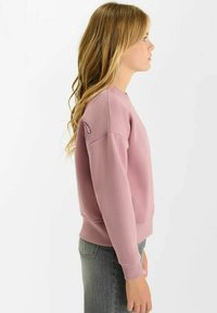 Lichtroze sweatshirt met een ronde hals, geribbelde manchetten en zoom. Bevat een klein logo op de linkerschouder. Gestyled met grijze jeans.