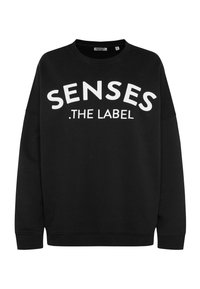 Schwarzer Sweatshirt mit Rundhalsausschnitt, langen Ärmeln und weißem Text, der "SENSES .THE LABEL" auf der Vorderseite trägt. Material aus Baumwollmischung.