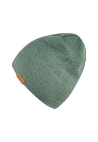 Green fleece beanie with a soft texture, featuring a leather label accent. It has a rounded shape and a snug fit for warmth.