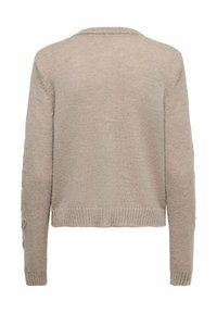 Pull beige en maille à manches longues avec poignets et ourlet côtelés, vu de dos sur un fond blanc.