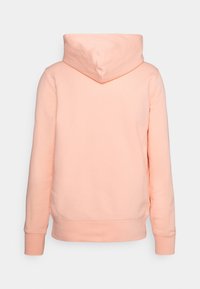 Felpa rosa chiaro a maniche lunghe con un ampio cappuccio, polsini e vita a costine, vista da dietro su uno sfondo semplice.