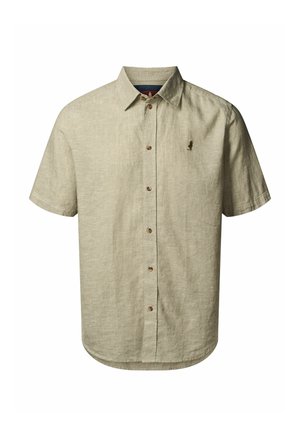 Short-sleeve, light beige button-up shirt made from textured fabric. Features brown buttons and a small, dark logo on the chest.