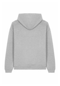 Felpa grigia con cappuccio, dal taglio rilassato, con polsini e fondo a coste. Texture uniforme senza motivi o dettagli visibili. Vista posteriore mostrata.