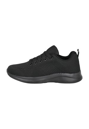 Zapatilla deportiva negra con parte superior de malla, cierre de cordones, cuello acolchado y suela acolchada, vista de lado sobre fondo blanco.