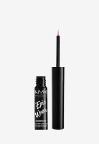 Bouteille cylindrique noire avec un applicateur en brosse effilé et un embout rose. L'étiquette présente un texte blanc sur un fond noir mat. Formule waterproof.