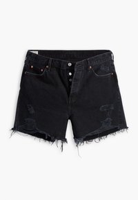 Shorts en denim noir avec détails usés, ourlets effilochés, fermeture à boutons et conception à cinq poches.