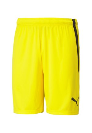 Geel sportshort gemaakt van lichtgewicht materiaal, met een zwarte zijstreep en een zwart Puma-logo op het onderste deel van het linker been. Elastische tailleband.