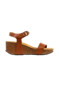 Sandale compensée en cuir marron avec bride à la cheville et boucle, semelle en liège, et design à bout ouvert vue de côté.