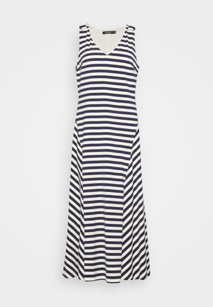 Vestido maxi sin mangas con rayas horizontales en azul marino y blanco, escote en V y detalles de hebilla en las tiras de los hombros.