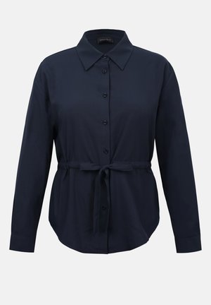 Navy blue long-sleeve button-up shirt with collar and fabric belt tied at the waist, tailored fit.