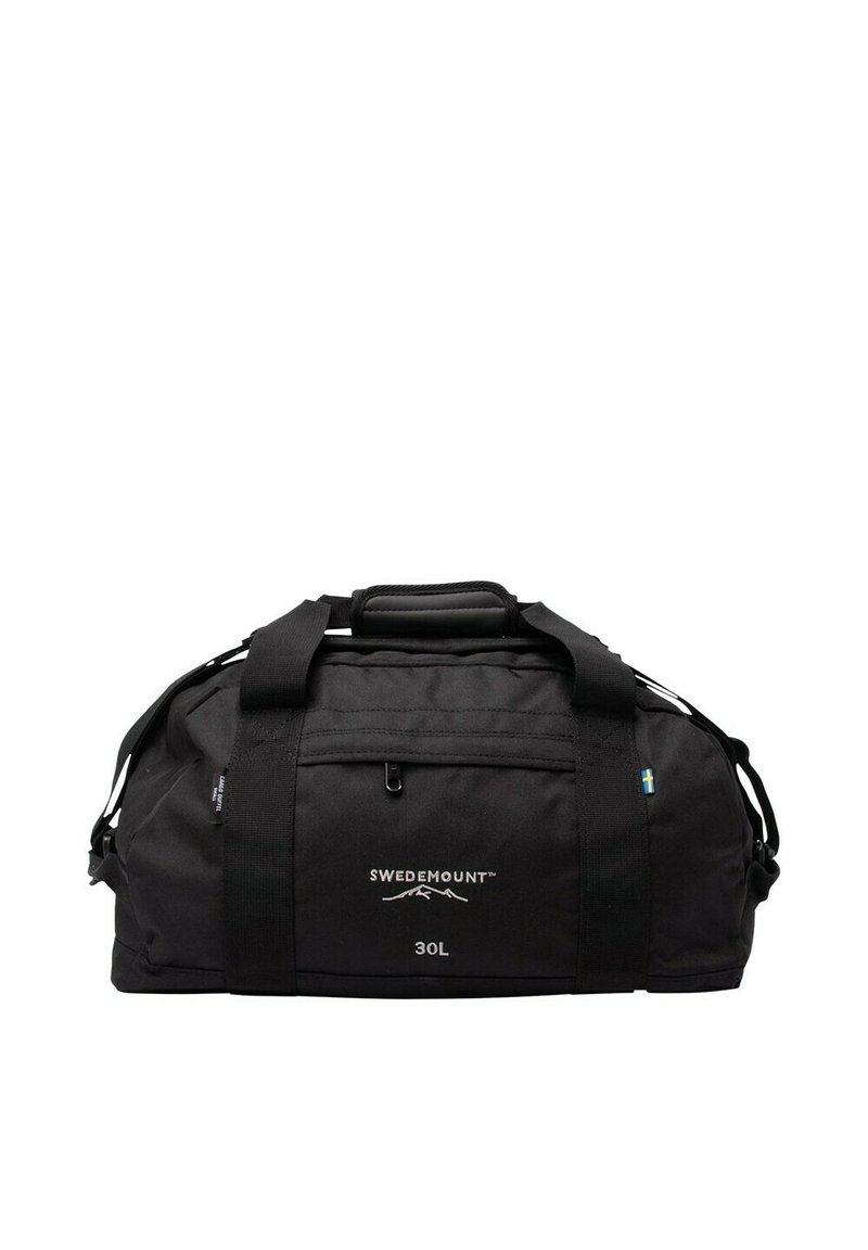 Zwarte sporttas van duurzaam materiaal, met een stevige handgreep, verstelbare schouderbanden, een voorvak en een logo-detail. Inhoud: 30 liter.