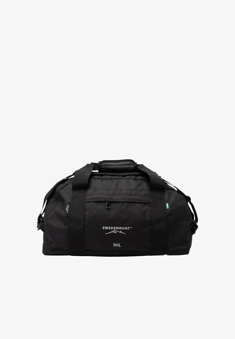 Zwarte sporttas van duurzaam materiaal, met een stevige handgreep, verstelbare schouderbanden, een voorvak en een logo-detail. Inhoud: 30 liter.