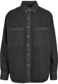 Svart denimskjorte med krage, knapplukking foran, og to brystlommer med klaffer. Strukturerte stoff og løs passform.