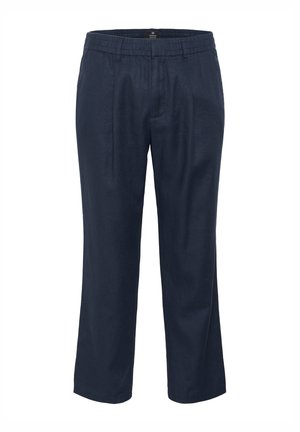 Tumedat linased püksid, millel on mugav lõige, struktureeritud vöökoht, külgplekid ja sirge jala disain.