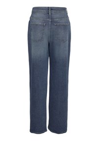 Donkerblauwe denim brede broek met een hoge taille, uitgerust met twee achterzakken en een gladde, iets vervaagde textuur.