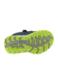 Laufschuhsohle mit einem multidirektionalen Profildesign. Ausgestattet mit leuchtend grünem Gummi und grauen Akzenten sowie einer strukturierten Oberfläche für besseren Halt.