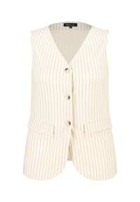 Beige mouwloos vest met verticale streepjes, voorzien van een v-hals, vier knopen en twee voorzakken. Textuurstof.
