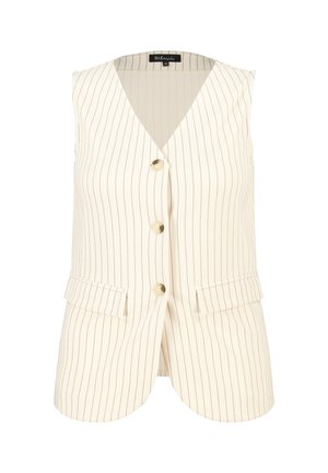 Beige mouwloos vest met verticale streepjes, voorzien van een v-hals, vier knopen en twee voorzakken. Textuurstof.