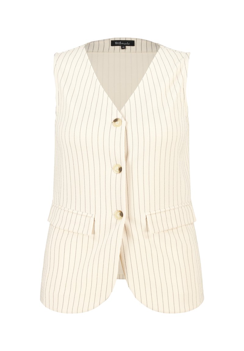 Beige mouwloos vest met verticale streepjes, voorzien van een v-hals, vier knopen en twee voorzakken. Textuurstof.
