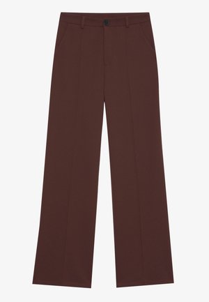 Wide-leg trousers in a rich brown fabric. Features a button closure, two front pockets, smooth texture, and clean lines.