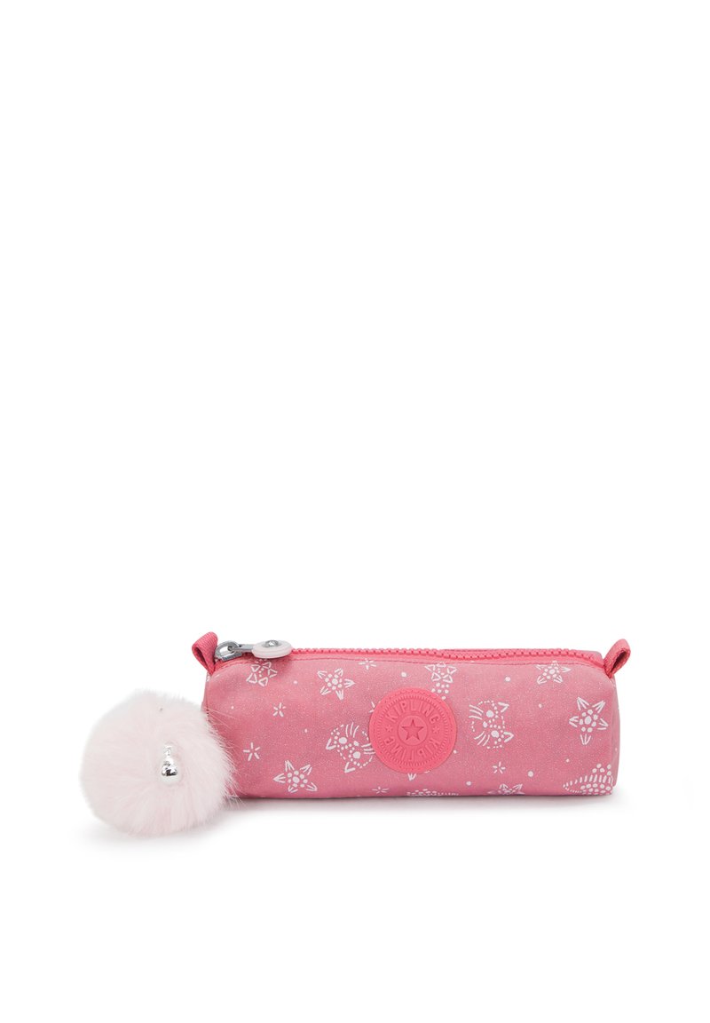 Pink pencil case with floral patterns, featuring a zipper closure, round logo detail, and a fluffy pom-pom accent attached.
