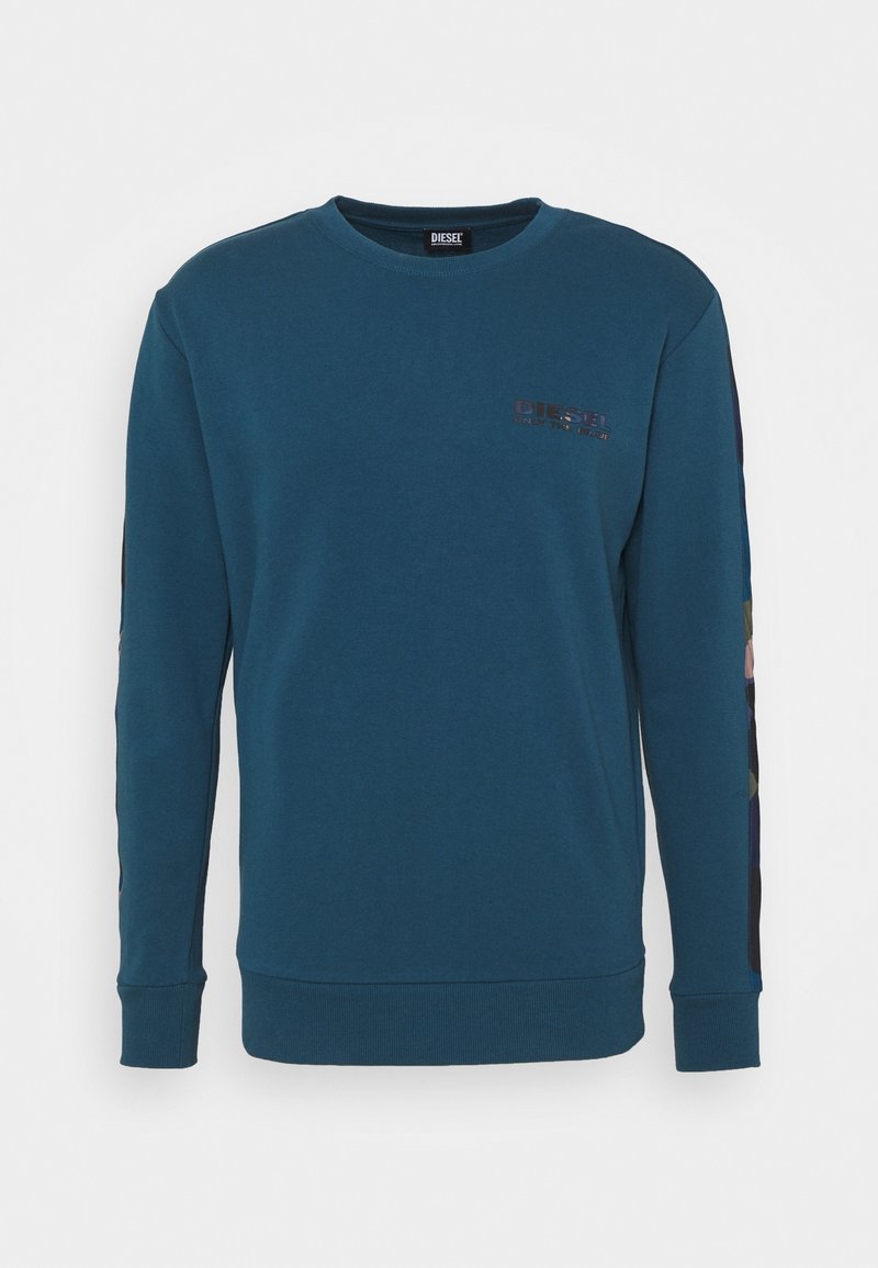 Teal sweatshirt med långa ärmar, ribbade muddar och rundad halsringning. Har en liten logotyp på bröstet och mönstrade detaljer på ärmarna.