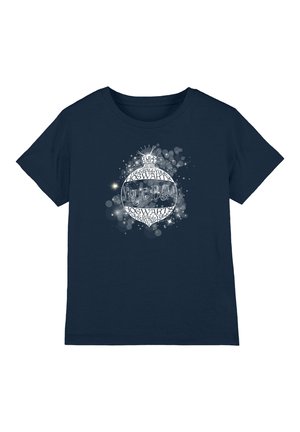 Navy blue t-shirt with a white glowing ornament featuring the words "Yule Ball" and "Hogwarts" surrounded by sparkles.