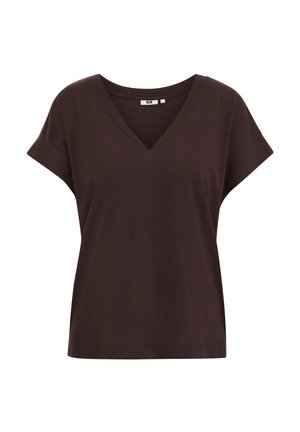 Tumši brūna īsroku V-veida kakla vaļīga T-krekla, ar savilktām piedurknēm un mazu balta izmēra etiķeti apkakles iekšpusē.