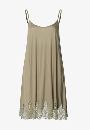 Abito senza maniche color tan con vestibilità ampia, caratterizzato da un orlo in pizzo scallop di un verde tenue. Tessuto morbido con delicati dettagli in pizzo.